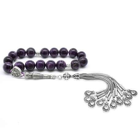 Kararmaz Metal Püsküllü Küre Kesim Ametist Doğaltaş Efe Tesbih - Tesbihane