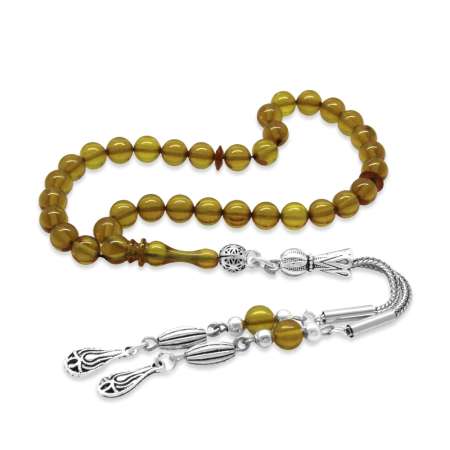 Kararmaz Metal Püsküllü Küre Kesim Bilek Boy Sarı Ateş Kehribar Tesbih - Tesbihane