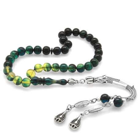 Kararmaz Metal Püsküllü Küre Kesim Bilek Boy Süzme Mavi Beyaz Ateş Kehribar Tesbih - Tesbihane