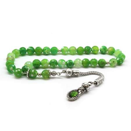 Kararmaz Metal Püsküllü Küre Kesim Fasetalı Yeşil Akik Doğaltaş Tesbih - Tesbihane