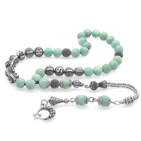 Kararmaz Metal Püsküllü Küre Kesim İsim Yazılı Amazonit Doğaltaş Tesbih - Tesbihane