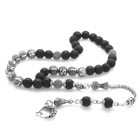 Kararmaz Metal Püsküllü Küre Kesim İsim Yazılı Çizgili Oniks Doğaltaş Tesbih - Tesbihane