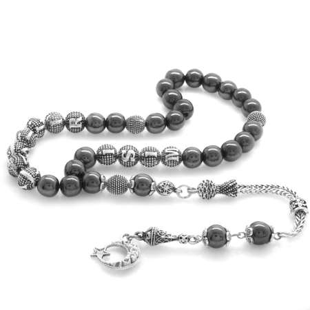 Kararmaz Metal Püsküllü Küre Kesim İsim Yazılı Hematit Doğaltaş Tesbih - Tesbihane