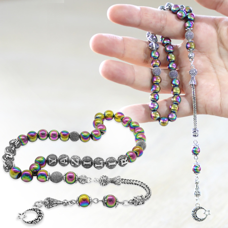 Kararmaz Metal Püsküllü Küre Kesim İsim Yazılı Multicolor Hematit Doğaltaş Tesbih - Tesbihane