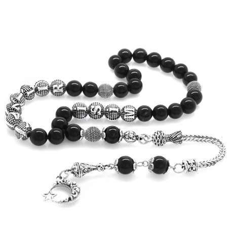 Kararmaz Metal Püsküllü Küre Kesim İsim Yazılı Oniks Doğaltaş Tesbih - Tesbihane