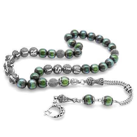 Kararmaz Metal Püsküllü Küre Kesim İsim Yazılı Renkli Hematit Doğaltaş Tesbih - Tesbihane