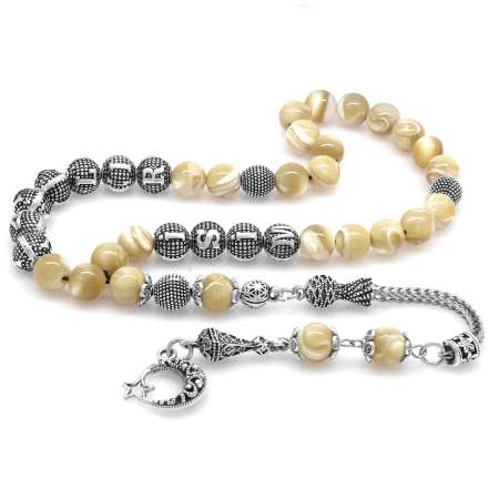 Kararmaz Metal Püsküllü Küre Kesim İsim Yazılı Sarı Sedef Doğaltaş Tesbih - Tesbihane