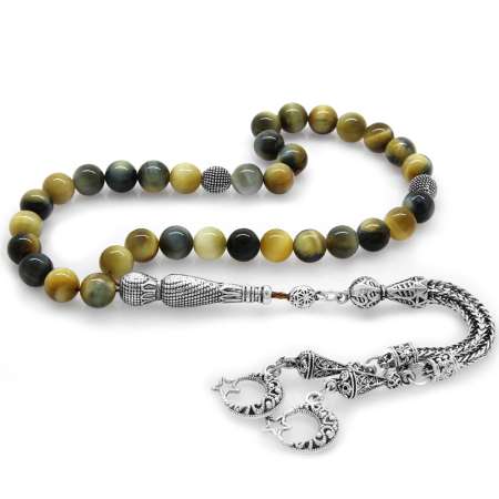 Kararmaz Metal Püsküllü Küre Kesim Karışık Renk Kaplan Gözü Doğaltaş Tesbih - Tesbihane