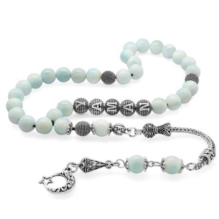 Kararmaz Metal Püsküllü Küre Kesim İsme Özel Yazılı Larimar Doğaltaş Tesbih - Tesbihane