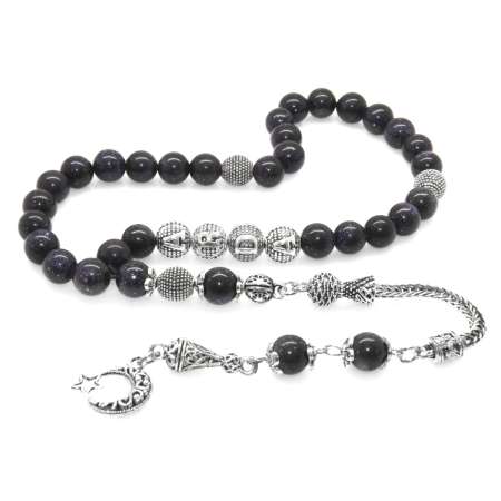 Kararmaz Metal Püsküllü Küre Kesim İsme Özel Yazılı Mavi Yıldız Taşı Doğaltaş Tesbih - Tesbihane