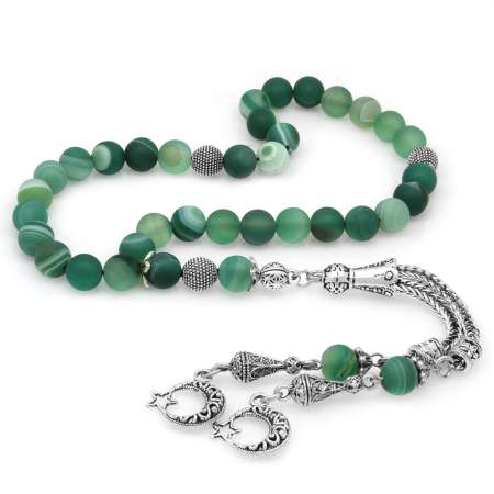 Kararmaz Metal Püsküllü Küre Kesim Mat Yeşil Beyaz Akik Doğaltaş Tesbih - Tesbihane