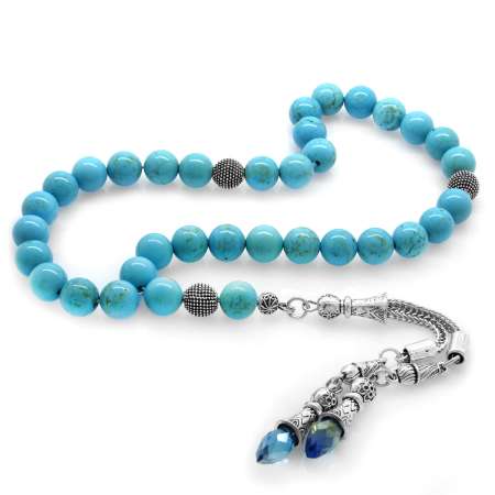 Kararmaz Metal Püsküllü Küre Kesim Mavi Havlit Doğaltaş Tesbih - STOKYOK