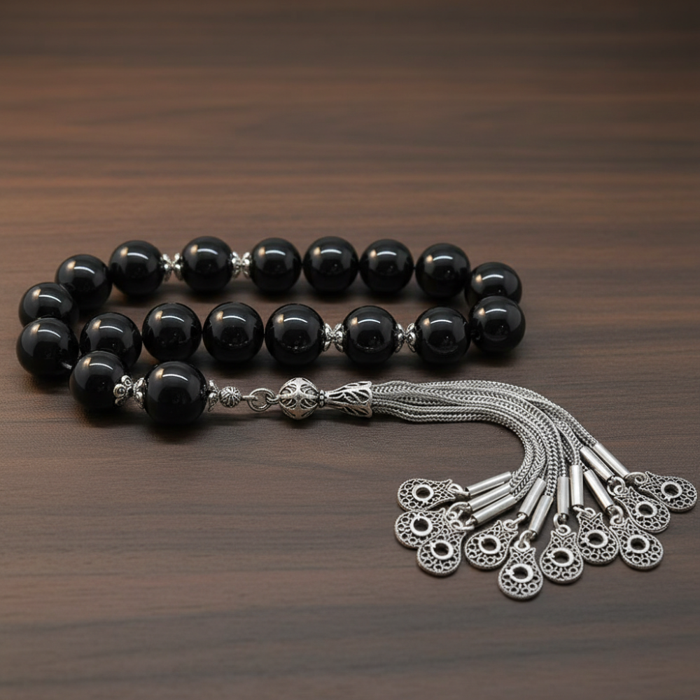 Kararmaz Metal Püsküllü Küre Kesim Oniks Doğaltaş Efe Tesbih - 2