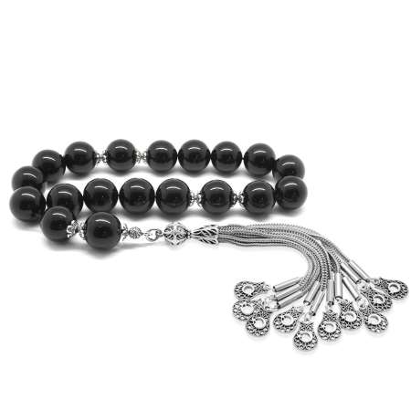 Kararmaz Metal Püsküllü Küre Kesim Oniks Doğaltaş Efe Tesbih - Tesbihane