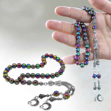 Kararmaz Metal Püsküllü Küre Kesim Multicolor Hematit Doğaltaş Tesbih - Tesbihane