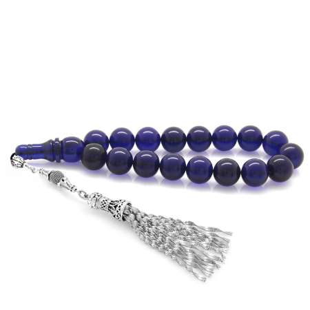 Kararmaz Metal Püsküllü Lacivert Sıkma Kehribar Efe Tesbih - Tesbihane