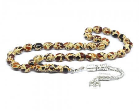 Kararmaz Metal Püsküllü Parçalı Kehribar Tesbih - Tesbihane