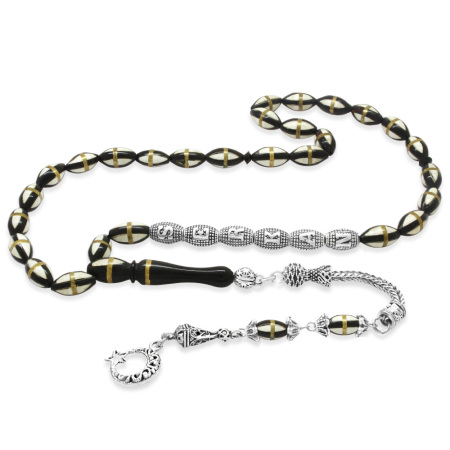 Kararmaz Metal Püsküllü Pirinç Sarmal Arpa Kesim Gümüş İsim Yazılı Beyaz Mine Dolgulu Kuka Tesbih - Tesbihane