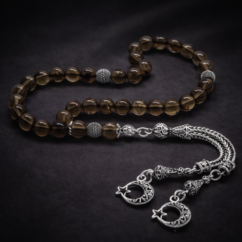 Kararmaz Metal Püsküllü Küre Kesim Kuvars Doğaltaş Tesbih - 2