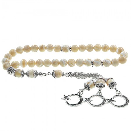 Kararmaz Metal Ayyıldız Püsküllü Küre Kesim Sarı Sedef Doğaltaş Tesbih - Tesbihane