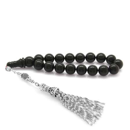 Kararmaz Metal Püsküllü Siyah Sıkma Kehribar Efe Tesbih - Tesbihane