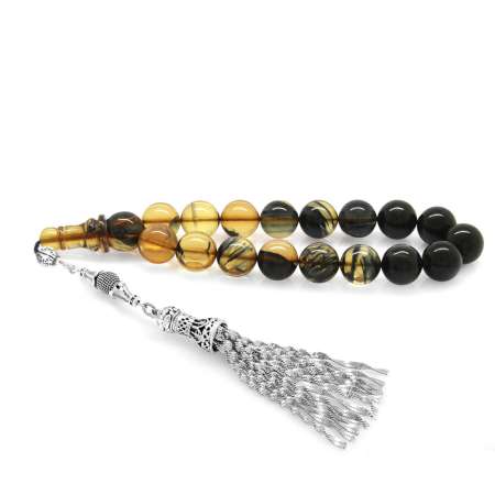 Kararmaz Metal Püsküllü Süzme Beyaz Siyah Ateş Kehribar Efe Tesbih - Tesbihane