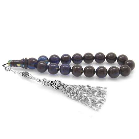 Kararmaz Metal Püsküllü Süzme Mavi Beyaz Ateş Kehribar Efe Tesbih - Tesbihane