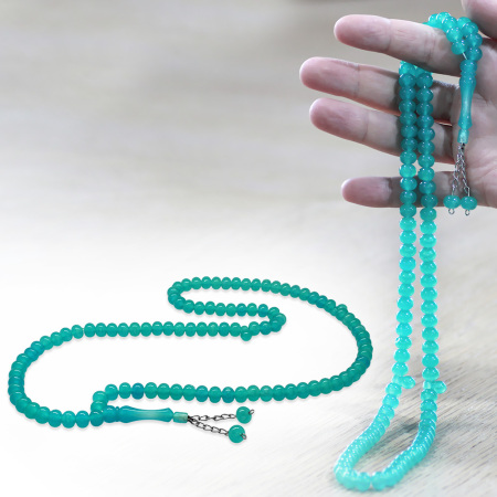 Kararmaz Metal Püsküllü Tekerlek Kesim Su Yeşili Renk 99 Taneli Kedigözü Namaz Tesbihi - Tesbihane