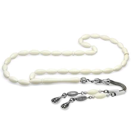 Kararmaz Metal Su Damlası Püsküllü Arpa Kesim Beyaz Renk Deve Kemiği Tesbih - Tesbihane