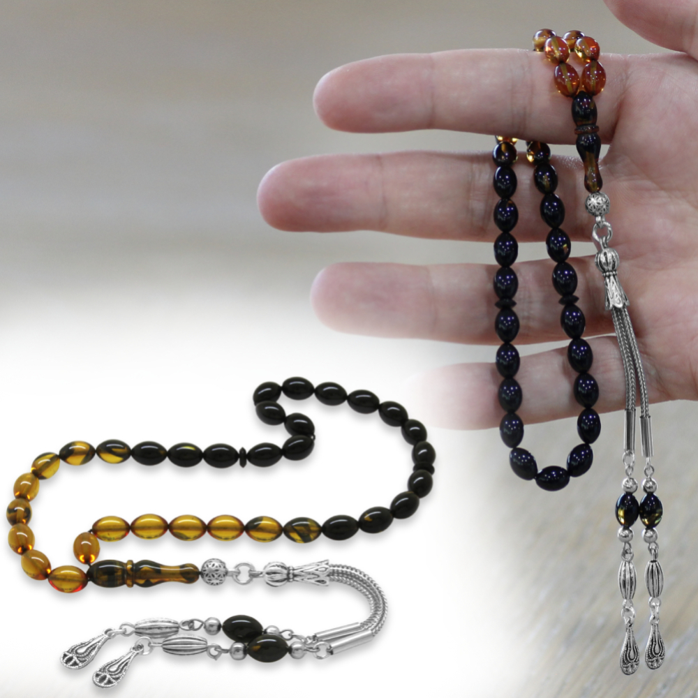 Ateş Kehribar Tesbih - Kararmaz Metal Damla Püsküllü - Süzme Sarı Siyah - Bilek Boy - Arpa Kesim - 1