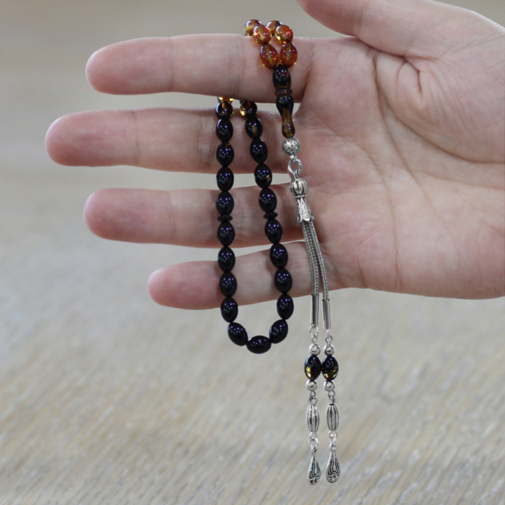 Ateş Kehribar Tesbih - Kararmaz Metal Damla Püsküllü - Süzme Sarı Siyah - Bilek Boy - Arpa Kesim - 2