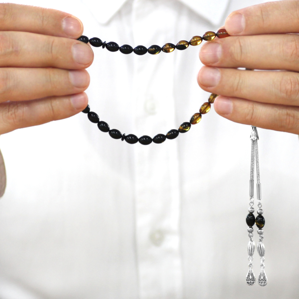 Ateş Kehribar Tesbih - Kararmaz Metal Damla Püsküllü - Süzme Sarı Siyah - Bilek Boy - Arpa Kesim - 3