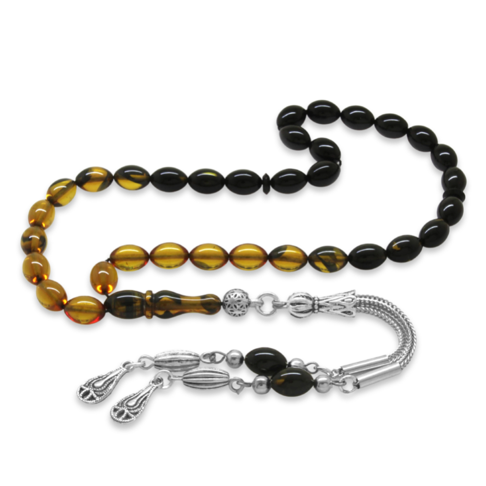 Ateş Kehribar Tesbih - Kararmaz Metal Damla Püsküllü - Süzme Sarı Siyah - Bilek Boy - Arpa Kesim - 4