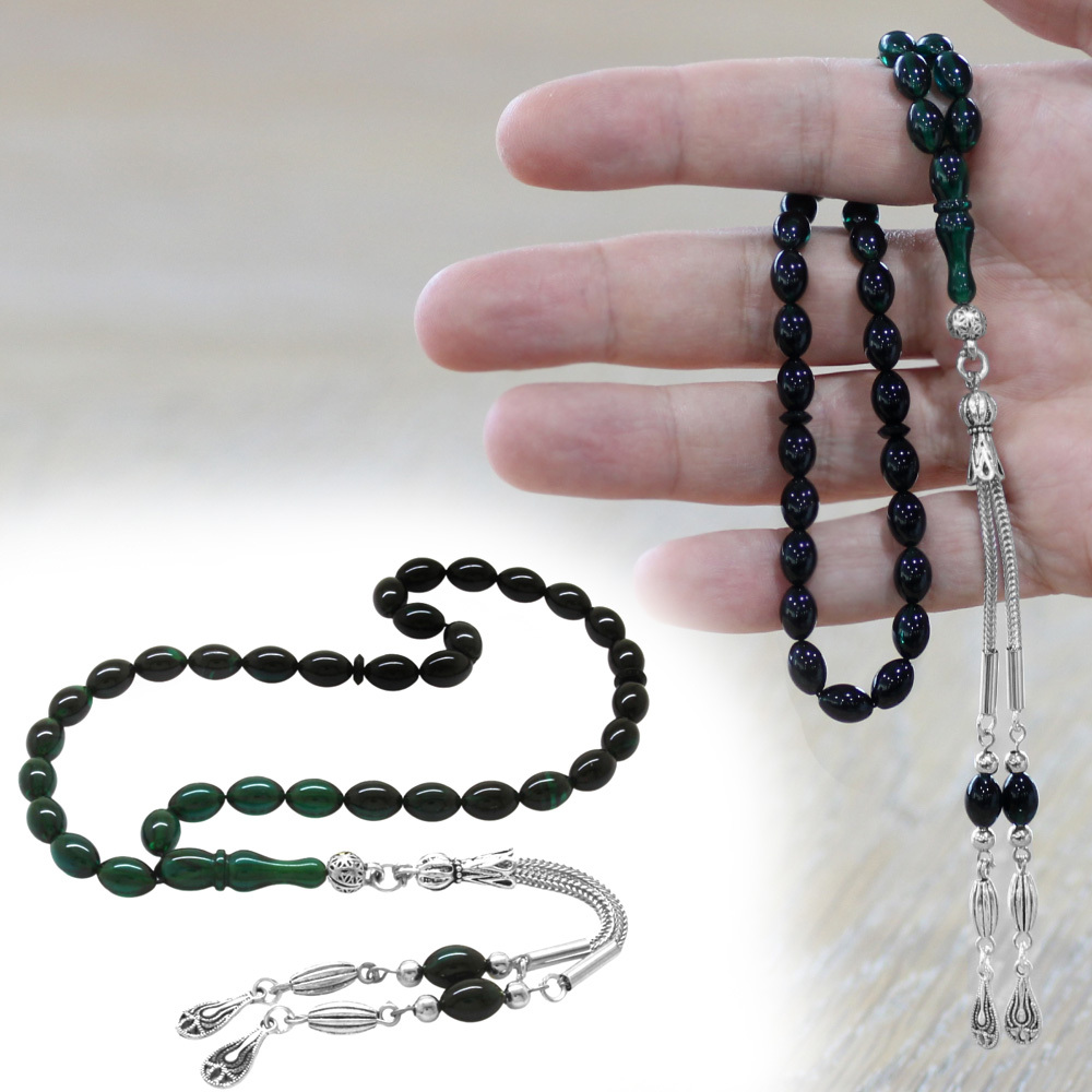 Ateş Kehribar Tesbih - Kararmaz Metal Damla Püsküllü - Süzme Turkuaz Siyah - Bilek Boy - Arpa Kesim - 1