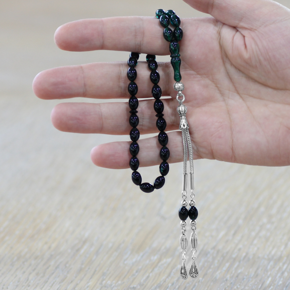 Ateş Kehribar Tesbih - Kararmaz Metal Damla Püsküllü - Süzme Turkuaz Siyah - Bilek Boy - Arpa Kesim - 2