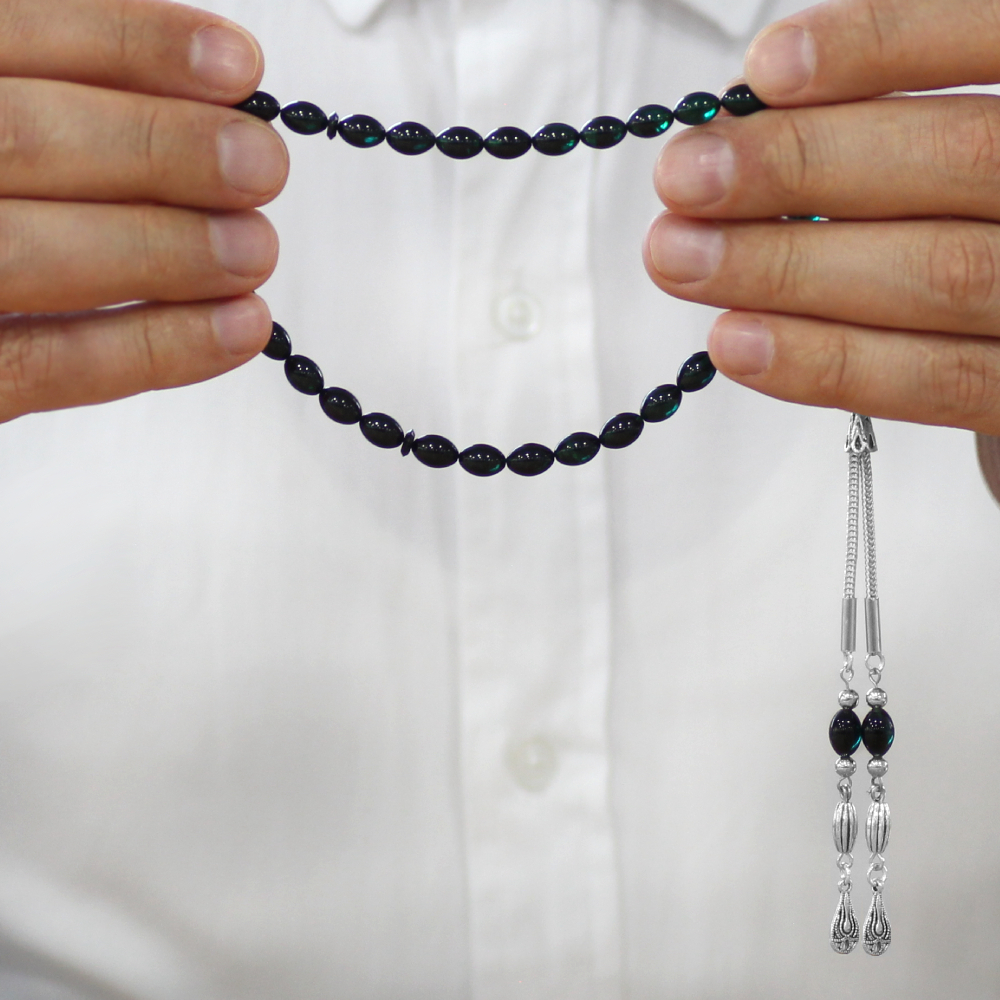 Ateş Kehribar Tesbih - Kararmaz Metal Damla Püsküllü - Süzme Turkuaz Siyah - Bilek Boy - Arpa Kesim - 3