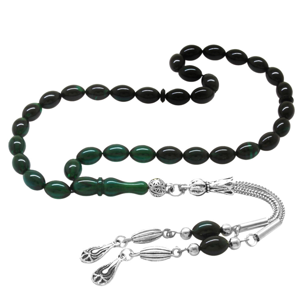 Ateş Kehribar Tesbih - Kararmaz Metal Damla Püsküllü - Süzme Turkuaz Siyah - Bilek Boy - Arpa Kesim - 4