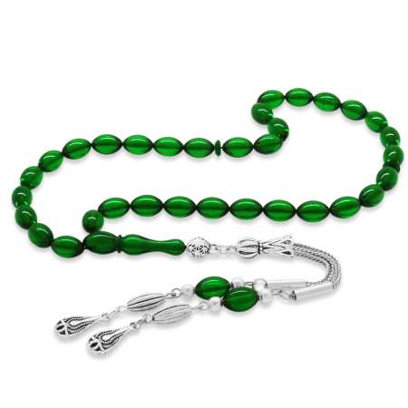 Kararmaz Metal Su Damlası Püsküllü Arpa Kesim Bilek Boy Yeşil Ateş Kehribar Tesbih - Tesbihane