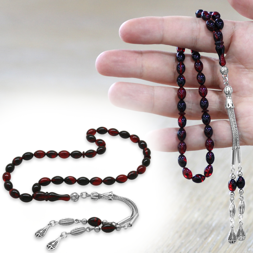 Ateş Kehribar Tesbih - Kararmaz Metal Damla Püsküllü - Kırmızı Siyah - Bilek Boy - Arpa Kesim - 1
