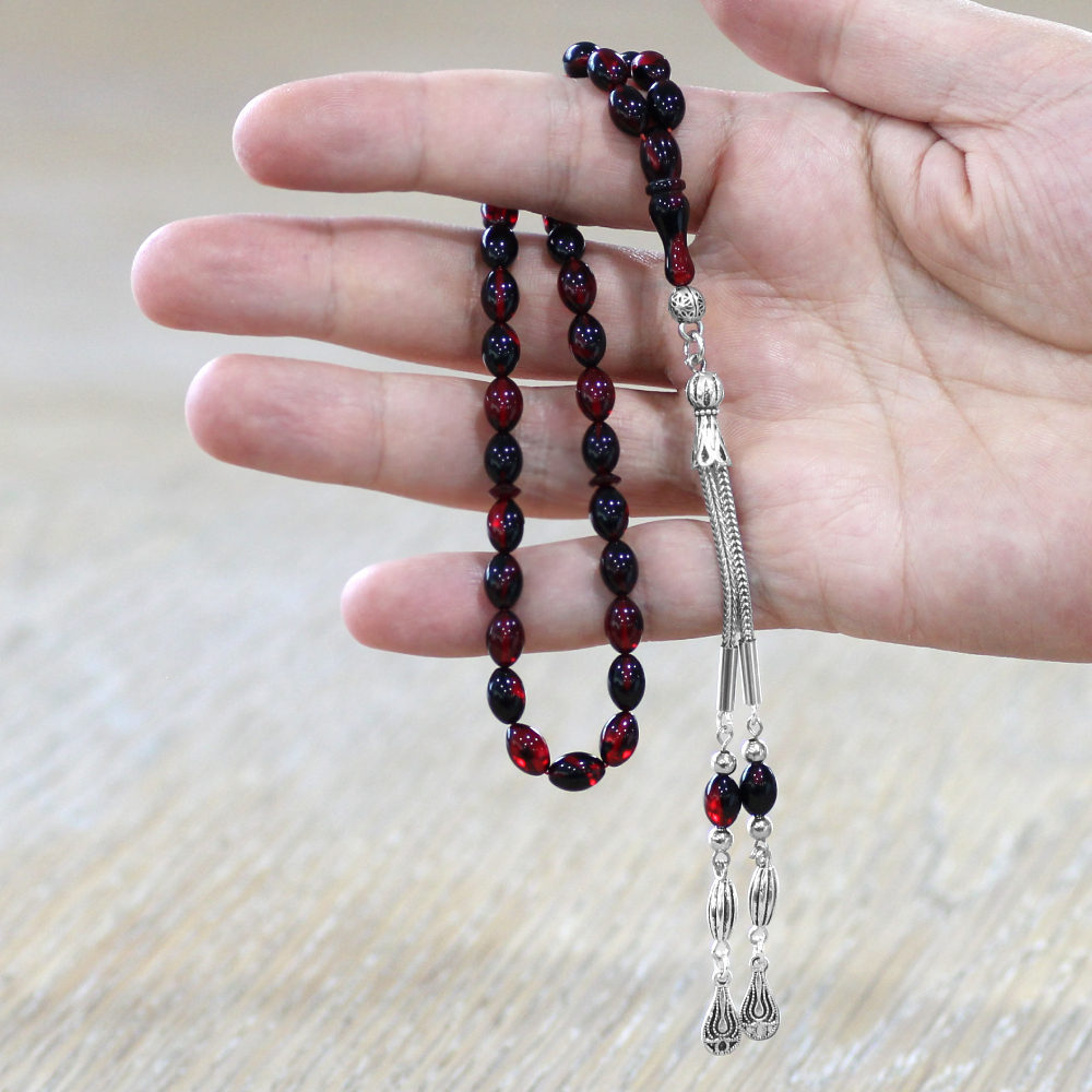 Ateş Kehribar Tesbih - Kararmaz Metal Damla Püsküllü - Kırmızı Siyah - Bilek Boy - Arpa Kesim - 2