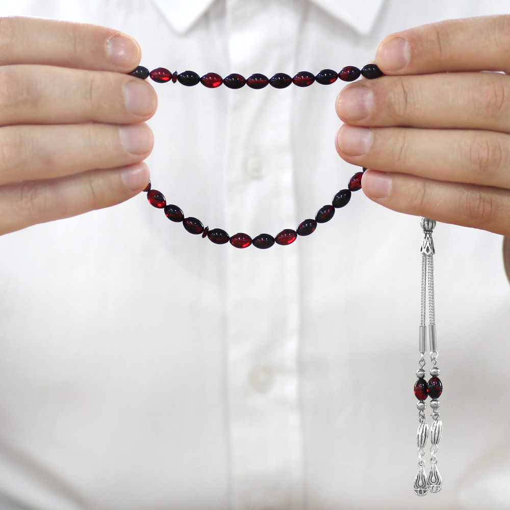 Ateş Kehribar Tesbih - Kararmaz Metal Damla Püsküllü - Kırmızı Siyah - Bilek Boy - Arpa Kesim - 3