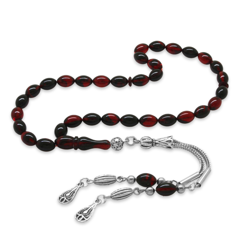 Ateş Kehribar Tesbih - Kararmaz Metal Damla Püsküllü - Kırmızı Siyah - Bilek Boy - Arpa Kesim - 5