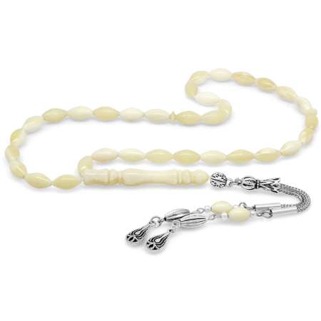 Kararmaz Metal Su Damlası Püsküllü Arpa Kesim Naturel Renk Deve Kemiği Tesbih - Tesbihane