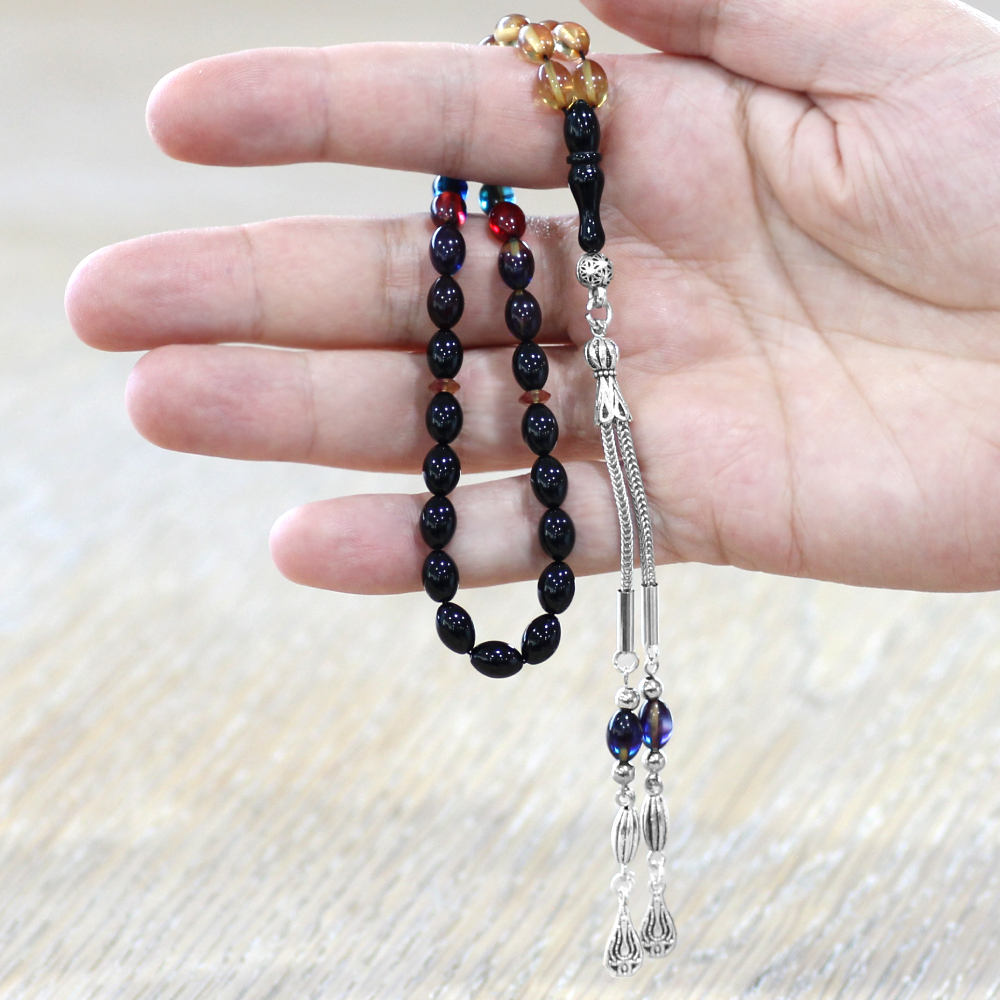 Ateş Kehribar Tesbih - Kararmaz Metal Damla Püsküllü - Süzme Bonibon - Bilek Boy - Arpa Kesim - 2