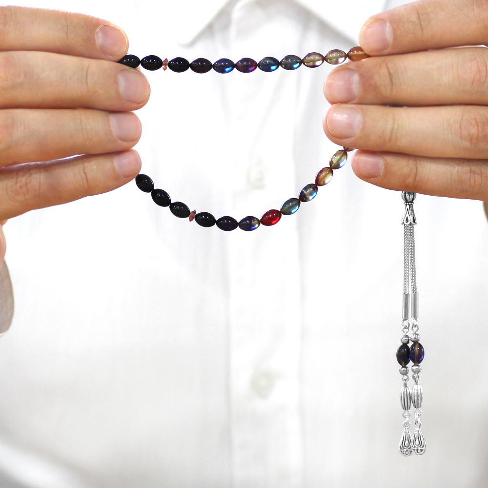 Ateş Kehribar Tesbih - Kararmaz Metal Damla Püsküllü - Süzme Bonibon - Bilek Boy - Arpa Kesim - 3