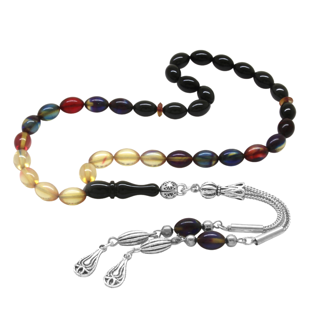 Ateş Kehribar Tesbih - Kararmaz Metal Damla Püsküllü - Süzme Bonibon - Bilek Boy - Arpa Kesim - 4