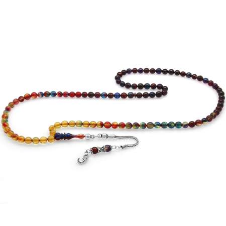 925 Ayar Gümüş Püsküllü Küre Kesim Bonibon Ateş Kehribar 99 Taneli Namaz Tesbihi - Tesbihane