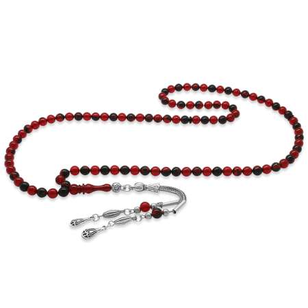 Kararmaz Metal Su Damlası Püsküllü Küre Kesim Kırmızı Siyah Ateş Kehribar 99 Taneli Namaz Tesbihi - Tesbihane