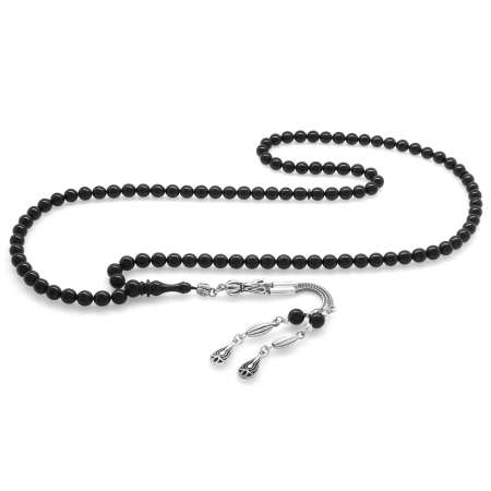 Kararmaz Metal Su Damlası Püsküllü Küre Kesim Siyah Sıkma Kehribar 99 Taneli Namaz Tesbihi - Tesbihane