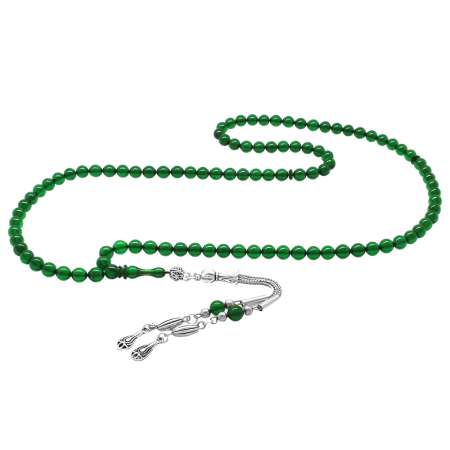 Kararmaz Metal Su Damlası Püsküllü Küre Kesim Yeşil Ateş Kehribar 99 Taneli Namaz Tesbihi - Tesbihane